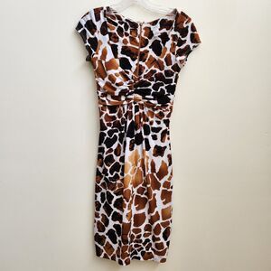 Cache Dress Women 6 Brown Abstract Cap Sleeve Jersey Knit Designer Office Career